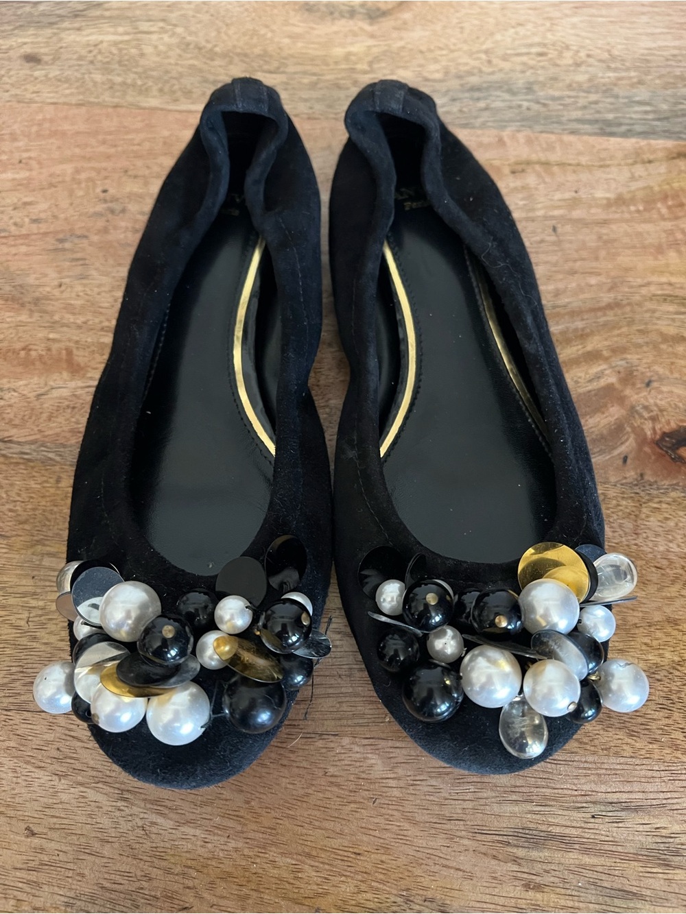 Lanvin Paris Bead Embellished Ballerina Black Flats Size EUR 37